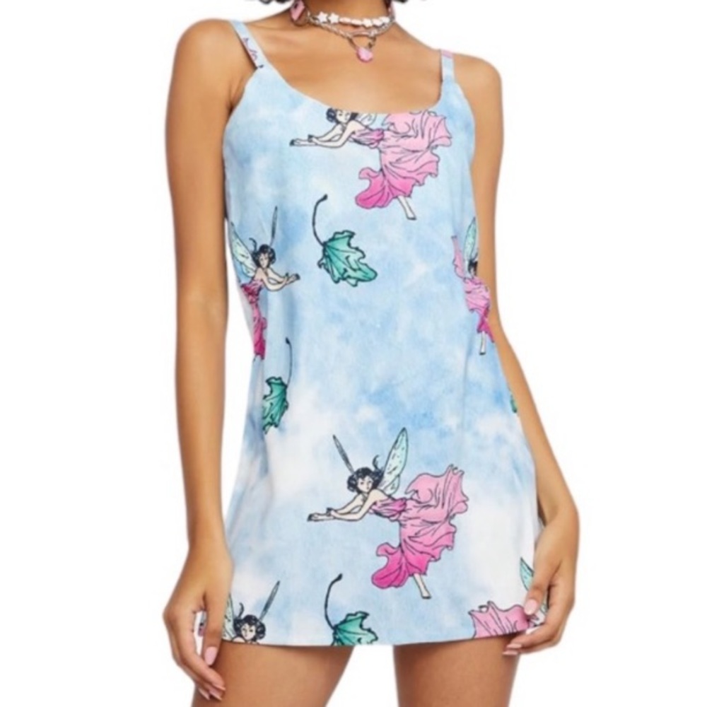 BSR Samii Ryan Large Blue Fairy Printed Scoop Neck Spaghetti Strap Mini Dress